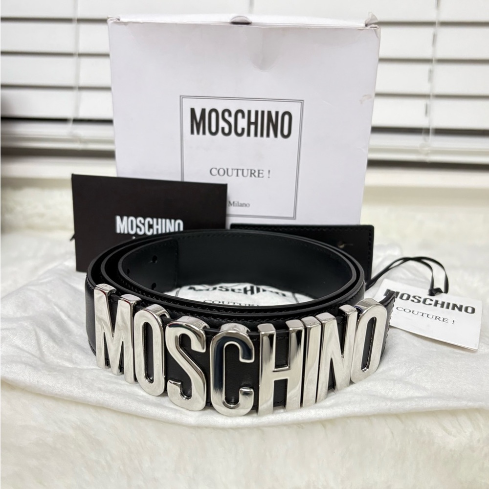[SOLD] MOSCHINO Logo Plaque  Belt  Silver Size IT 50
